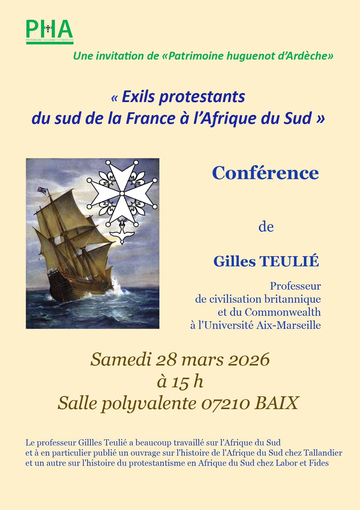 Conférence : Exil protestant du Sud de la France à l&rsquo;Afrique du Sud